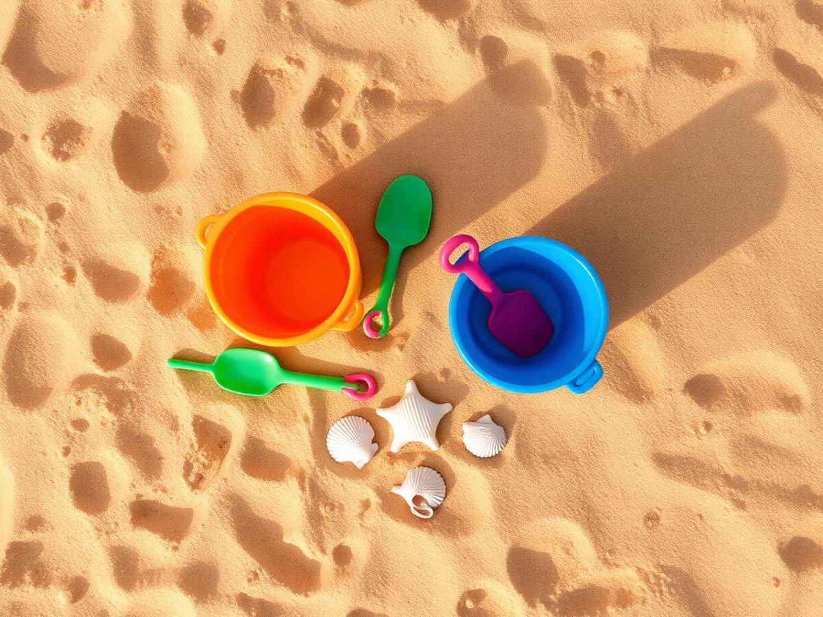 Pop-up beach hire buckets, spades and seashells on golden sand for branded events