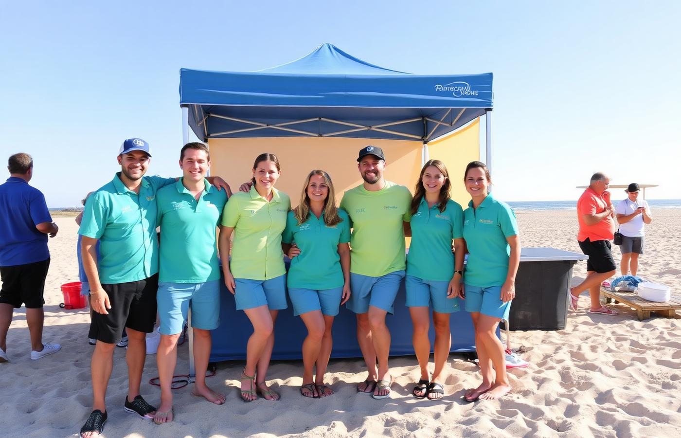 Pop Up Beach events crew installing a pop-up beach hire setup on golden sand