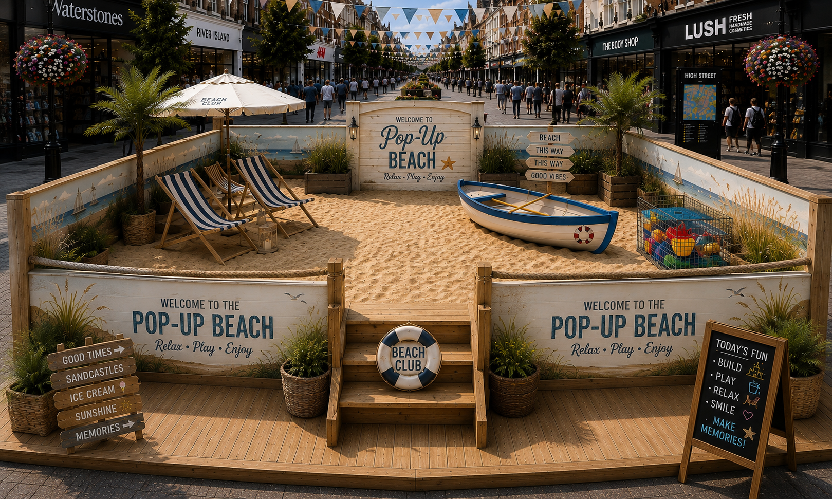 Standard Pop Up Beach concept with elegant styling and wall graphics showing how the beach can be fully dressed
