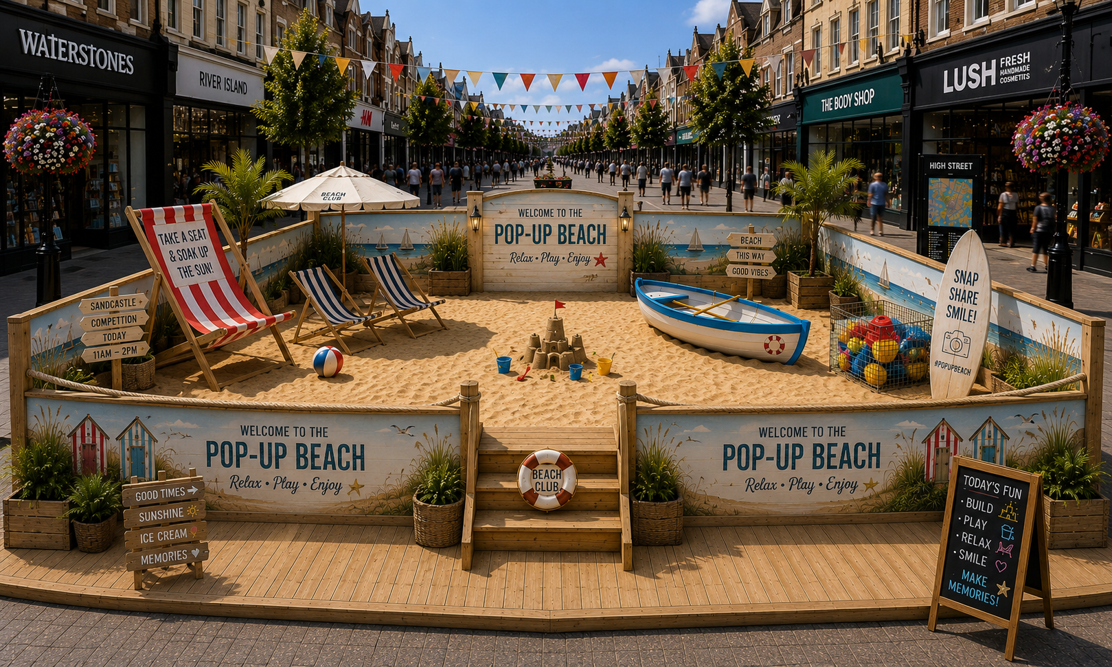 Traditional UK seaside themed Pop Up Beach with classic deck chairs, rowing boat and beach hut graphics