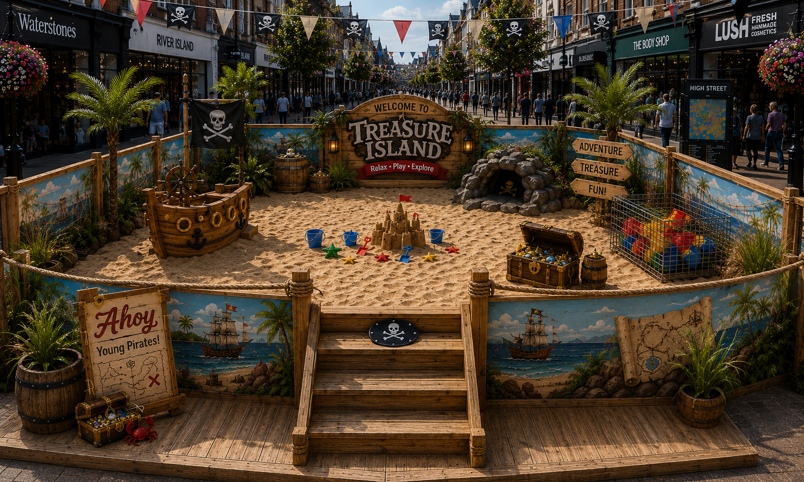 Treasure Island themed Pop Up Beach with pirate props, ship details and adventure styling