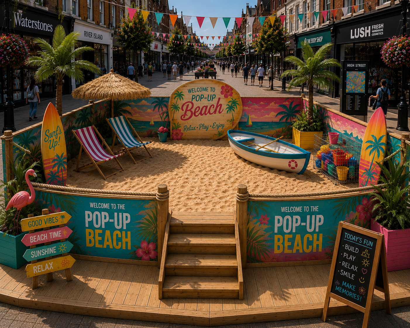 Tropical themed Pop Up Beach concept with surfboards, palms and bright colourful wall graphics